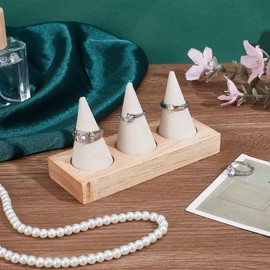 PH PandaHall Wooden Ring Holder, Beige, 3 Tapered Ring Stands, Velvet Jewellery Holder, Jewellery Display Case for Women, Retail Exhibition, Wedding Ring Holder, Storage Room Decoration