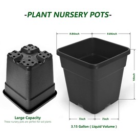 waltyotur 10PCS 3 Gallon Square Durable Planter Nursery Pots, Injection Molded Plastic Plant Container Garden Planter Pots for Indoor Outdoor Plants Flower Vegetables, Black