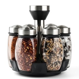 Mlici 6PC Spinning Glass Spice Jars - 360° Rotating Spice Rack Organizer with Jars, Stainless Steel Revolving Seasoning Holder Jars for Countertop Cabinet Kitchen Spices Cruets