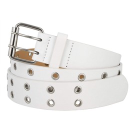 Solid Rich Fashion Color Double Grommet Twin Prong Leather Casual Jean Belt 1 1/2" Wide (White, L)