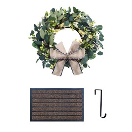 Eucalyptus Door Wreath - with Hanger and Durable & Non Slip Door Mat - 24’’ Spring Summer Artificial Wreath Eucalyptus Leaf with Big Berries for Indoor, Outdoor, Porch Decor, Farmhouse and Home