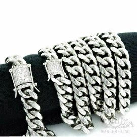 Harlembling Cuban Miami Silver Bracelet & Chain Set Stainless Steel 925 Simulated Diamond