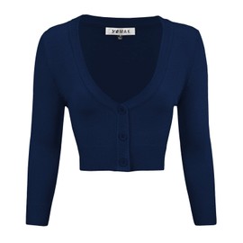 YEMAK Cárdigan bolero corto para mujer, manga 3/4, cuello en V, básico, clásico, casual, con botones, suave, suéter (S-4XL), marino, L