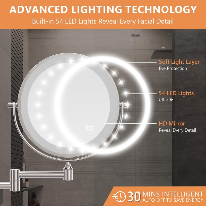 Auxmir Rechargeable Wall Mounted Lighted Makeup Mirror, 8" Double Sided