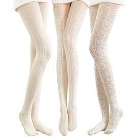 JaGely 3 Pairs Womens Fishnet Hollow Out Knitted Tights Patterned Lace Stockings Vertical Strips Pantyhose(Classic Style)