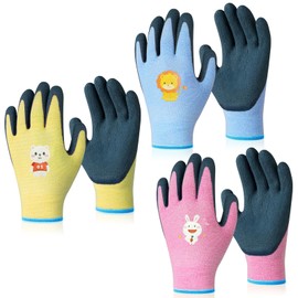 Ainiv 3 Pairs Kids Gardening Gloves for Ages 5-9, Kids Rubber Gloves, Kids Work Gloves for Toddlers, Youth, Girls, Boys(XXS Age 5-9, 3 Pairs Pink, Blue&Yellow)