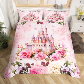 Manfei Girls Castle Bedding Set Dreamy Princess Castle Bedding Duvet Cover Set Pink Flowers Comforter Cover Set Butterfly Floral Bedspread Cover Bedroom Quilt Cover 3Pcs Queen,No Comforter