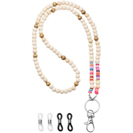 BeYumi 5Pcs Lanyards for ID Badges for Women Cute Teacher Lanyard with ID Holder keychain Wooden Beaded Lanyard Necklace School Work Jewelry Female Girl Accessories Teacher Appreciation Christmas Gift