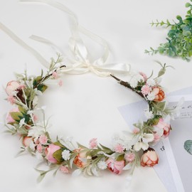 WOVOWOVO - Corona de flores para mujeres y niñas, diadema ajustable para niña de flores con cinta, corona de hadas, accesorios para el cabello de novia rosa, diadema de flores bohemias para festivales, accesorios para fotos, 1 Count (Pack of 1)