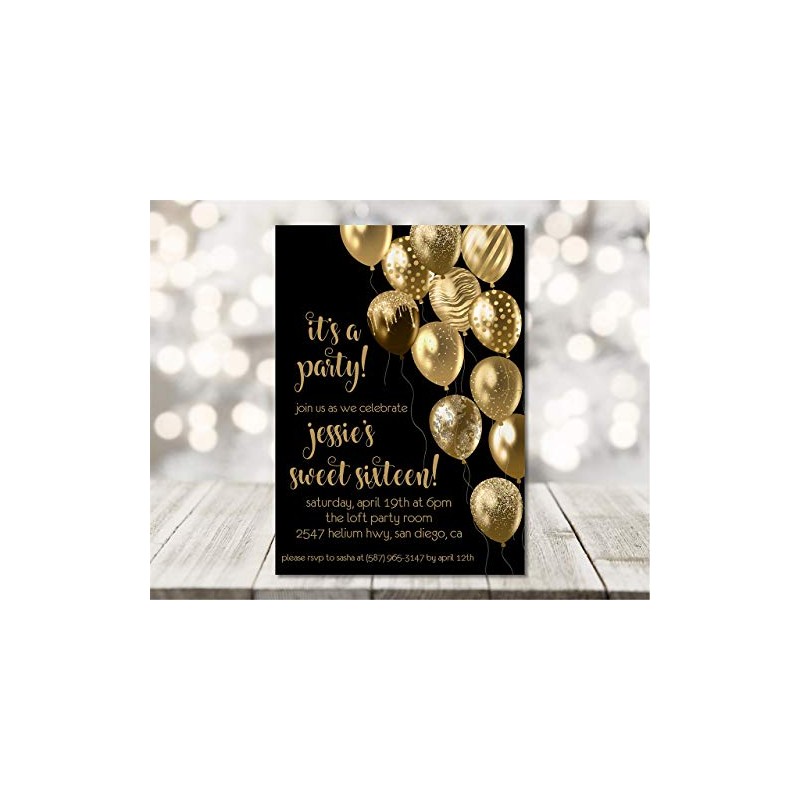 Gold & Black Sweet 16 Invitations With Envelopes