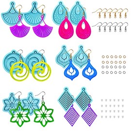 AIFUDA 6 Juego de Moldes de Resina para Aretes, Kit de Fabricación de Joyería de Resina y Silicona con Moldes de Resina Epóxica, Incluye Ganchos de Arete y Cerraduras de Arete de Resorte