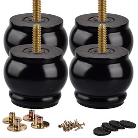 La Vane 3 inch / 7cm Wooden Furniture Legs, 4PCS Black Soild Wood Round M8 Replacement Bun Feet with Pre-Drilled 5/16 Inch Bolt & Mounting Plate & Screws for Couch Sofa Dresser Cabinet