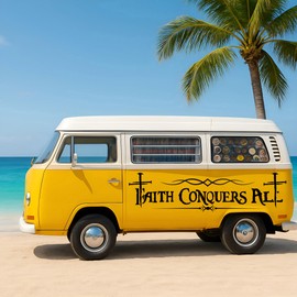 6 Foot / 72" Faith Conquers All Christian Religious Decal Sticker Wall Art Mural, Business, Storefront, RV, Trailer | Available in 10 Colors (Cross of Nails, White)