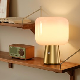 Ruhaieba Cordless LED Table Lamp, Desk Lamp for Home Office with Battery Operated, Stepless Dimming Antique Light for Study Library, White Glass Shade, Brass