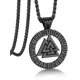 Black Round Vintage Pendant Necklace for Men Women Anicent Viking Norse Valknut Necklace Odin Triangle Military Necklace Celtic Pagan Jewelry -22"