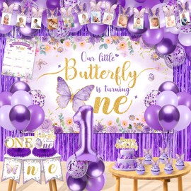 Butterfly First Birthday Decorations Girl 1st Birthday Party Decorations Monthly Photo Banner Backdrop Purple Balloons Foil Curtain Honeycombs Cupcake Topper Butterfly One Year Old Bday Party Supplies