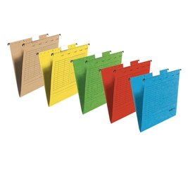 Original Falken 5-pack hanging file UniReg. Made in Germany. Made of recycled cardboard for DIN A4, open at the sides, assorted colours, Blue Angel ideal for loose-leaf filing in the office and public authorities.