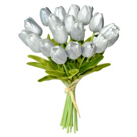 Mandy's 20pcs Silver Artificial Tulip Silk Fake Flowers 13.5" for New Year Spring Mother's Day Easter Gifts in Bulk Home Kitchen Wedding Decorations