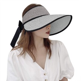 Breathable Sun Protection Hats Foldable Large Wide Brim Straw Hat Packable Adjustable Sunhats Fashion Visor Caps with Bowknot for Women Ladies Girls Summer Holiday Beach Hiking Travel (Grey)