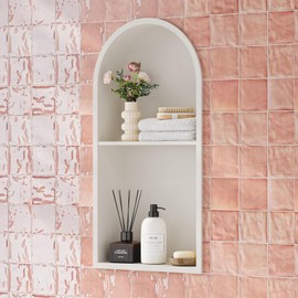 Qeke Stainless Steel Shower Niche 12" X 24", No Tile Needed Arched Niche Double Shelves, Recessed Shower Shelf Arched for Shower Wall, Matte White