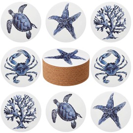 Yetene 8 Pcs Coastal Ceramic Coasters, Cork Base Ocean Housewarming Gifts