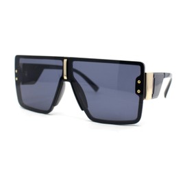 Womens Rimless Designer Shield Oversized Flat Top Mob Plastic Sunglasses All Black