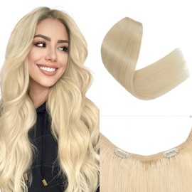 SEGO Invisible Wire Hair Extensions Real Human Hair Adjustable Wire with 2 Clips for Women Transparent Fish Line Extensions to Add Length,20inch Bleach Blonde,75g