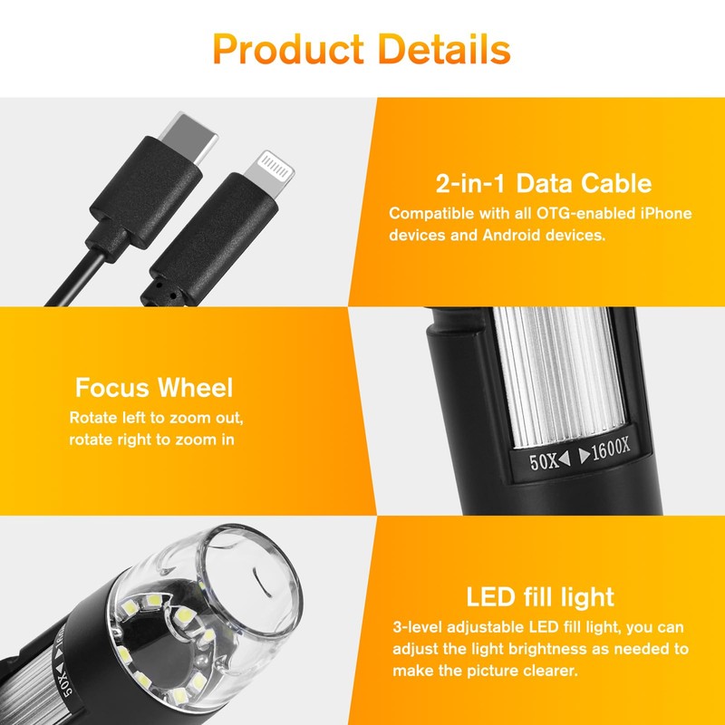 WADEO Upgraded Handheld Microscope Camera 1440P HD, USB Microscope 50-1600X,