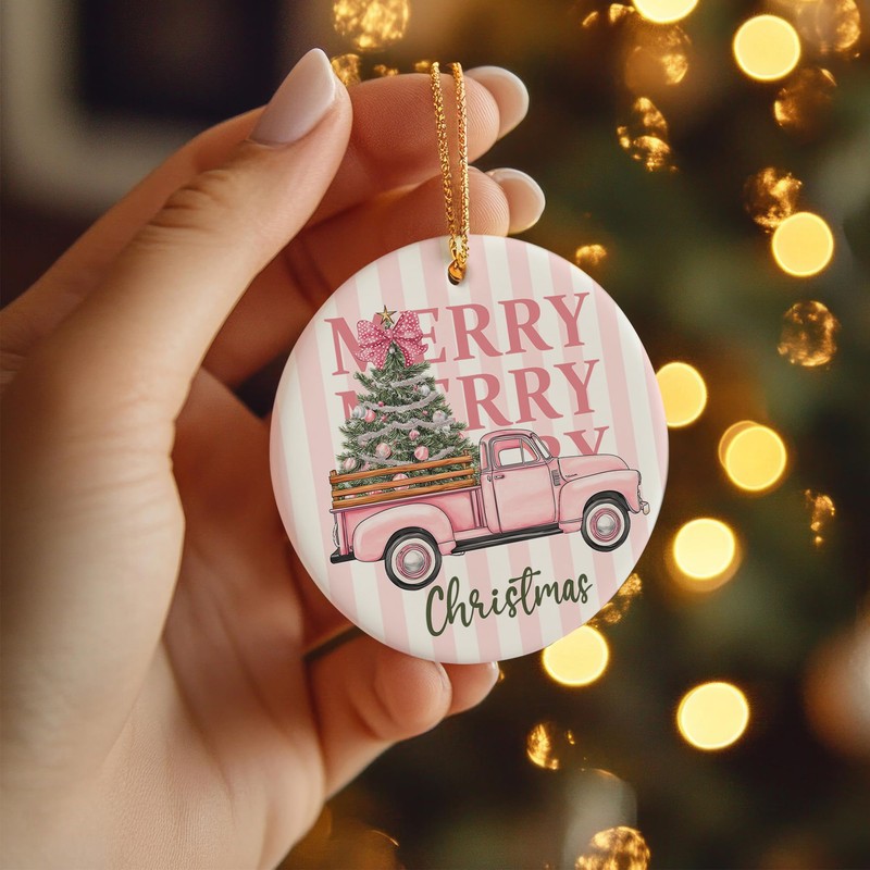 Pink Truck Merry Christmas Ceramic Hanging Ornament Gifts