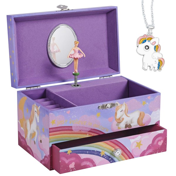 SONGMICS Ballerina Musical Jewelry Box for Kids, with Drawer, Storage Compartment, Ring Slots, 7.5”L x 4.3”W x 4.3”H, Purple