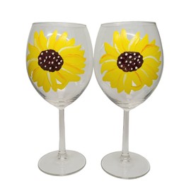 Yellow Sunflower Hand Painted Wine Glasses Set of 2 Fall Farmhouse Home Decor