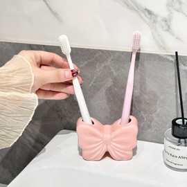 Toothbrush Holder, Cute Bow Ceramic Tooth Brush Holder Pen Holder for Bathroom Countertop Home Office Decor (Pink)