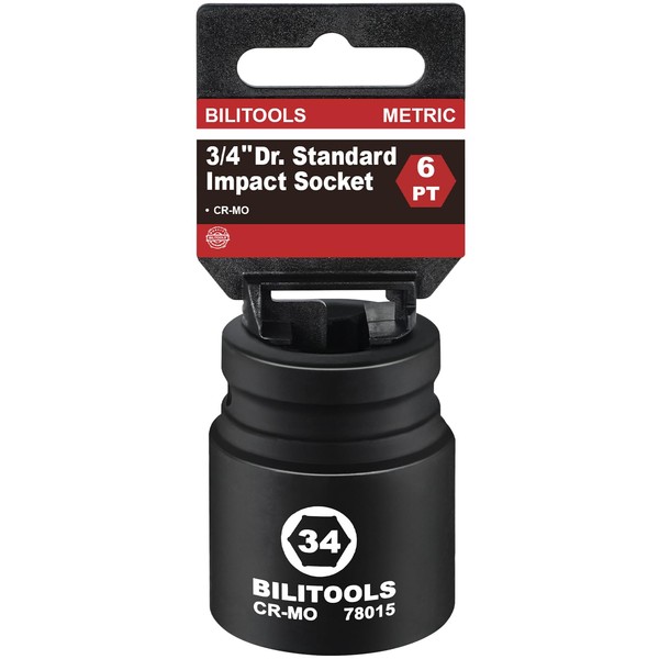 BILITOOLS 34mm Socket 3/4" Drive Standard Impact Socket, Metric 6-Point