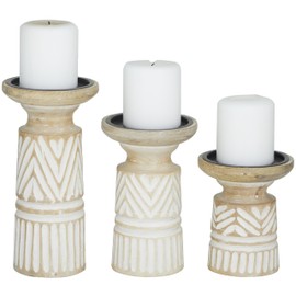 Deco 79 Mango Wood Decorative Candle Holder Carved Tribal Pillar Candle Stand, Set of 3 Candlestick Holder 10", 8", 6" H, Light Brown