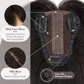 MY-LADY Hair Topper for Women Human Hair for Thinning Hair Loss 8 * 10CM Lace Silk Base Real Remy Hair No Bangs Clip in Hair Pieces Top Hand-Tied Hairpieces 10 Inch Natural Black