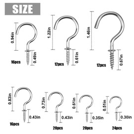 Pack of 120 Screw Hooks, Stainless Steel Hook Screws, Hooks for Screwing Metal, Nickel-Plated Screw-In Hooks, Cup Hooks, Ceiling Hooks for Wood Thread, 7 Sizes (Silver)