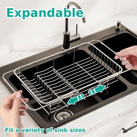 AIDERLY Dish Drying Rack in Sink Expandable Stainless Steel Kitchen Dish Drainer with 4 Cup Holders, Silver
