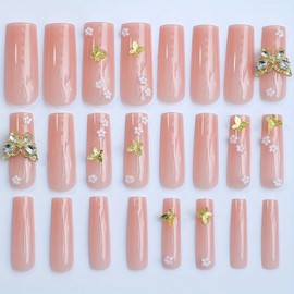 Square Shaped Press on Nails Long Fake Nails Handmade 3D Gold Butterfly Fake Nails Design Little White Flower Press on Nails Full Cover Acrylic Nails Pink Stick on Nails for Women Nail DIY 24 Pcs