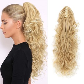 MY-LADY Ponytail Extension, 24" Claw Clip Ponytail Hair Extension for Women Wavy Curly Hairpiece Synthetic Fake Hair Pieces Medium Blonde with Light Blonde