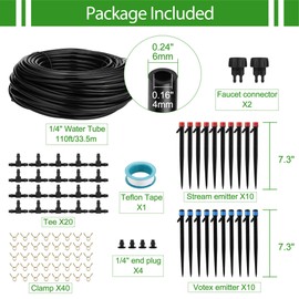 Mornajina Automatic Drip Irrigation System Kit Garden Irrigation System, Includes 110FT 1/4" Irrigation Tubing & Drip Emitters Vortex & Drip Emitters Steam & Tee Connectors for Garden Watering System
