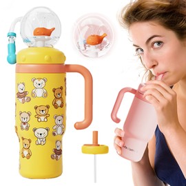 Whale Fountain Tumbler, 24oz Stainless Steel Whale Fountain Tumbler with Handle, Drinking Cup with Whale Squirt, Spill-Proof Whale Water Bottle for Kids Adults, Dishwasher Safe (Yellow Bear)