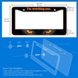2PCS Eyes Watching You Pattern License Plate Frames for Men Women - Black Universal Aluminum Stainless Steel Car Tag Covers Holder with Screws, Caps, Rattle Proof Pads and Handlebar Stickers