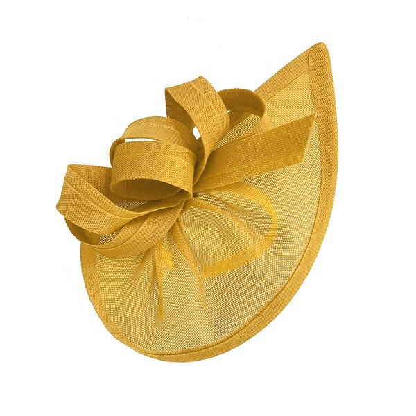 Caprilite Moon Fascinator Hat with Headband for Weddings, Horse Racing, Tailored Sinamay Discs, mustard yellow