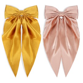 KesaPlan Large Hair Bow Clips for Women, 2PCS Big Satin Bow Hair Slides, French Bowknot Hair Clamps with Long Tail Ribbon, Soft Solid Color Bowknot Hairpins for Girls Teens Hair