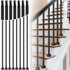 Therwen 20 Sets Wrought Iron Balusters with Flat Shoes, Hollow Square Iron Balusters & Metal Flat Shoes Set for Staircase Interior Decorative Stair Deck Railing 1/2-inch Satin Black Deck Spindles