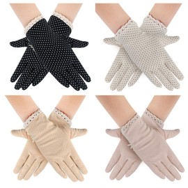 MarJunSep 4 Pairs Summer Women Dots Sun Uv Protection Gloves Cotton Lace Anti-skid Driving Gloves