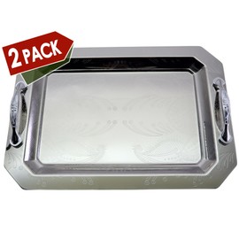 Maro Megastore (Pack of 2) 14 inch x 9.8 inch Octagonal Chrome Plated Silver Serving Tray with Handles Stylish Floral Engraved Edge Party Birthday Wedding Dessert Buffet Wine Platter Plate CC-1130