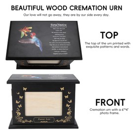 Cremation Urns for Human Ashes, Wooden Urns Box with Picture Frame, Funeral Memorial Urns for Adult Male Female, Decorative Urn Burial Urn with Velvet Bag, Holds Up to 200 LBS (Black-Hummingbird)