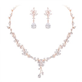 EVER FAITH Bridal Jewellery for the Bride White Cubic Zirconia Teardrop Cluster Flower Wedding Necklace Earrings Set for Women Clear Rose Gold Tone
