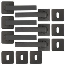 AGT Rustproof Door Fitting: Set of 3 Stainless Steel Door Fittings, 2 Handles and Rosettes, Square Black (Door Handle Sets Indoor, Room Door Fitting)